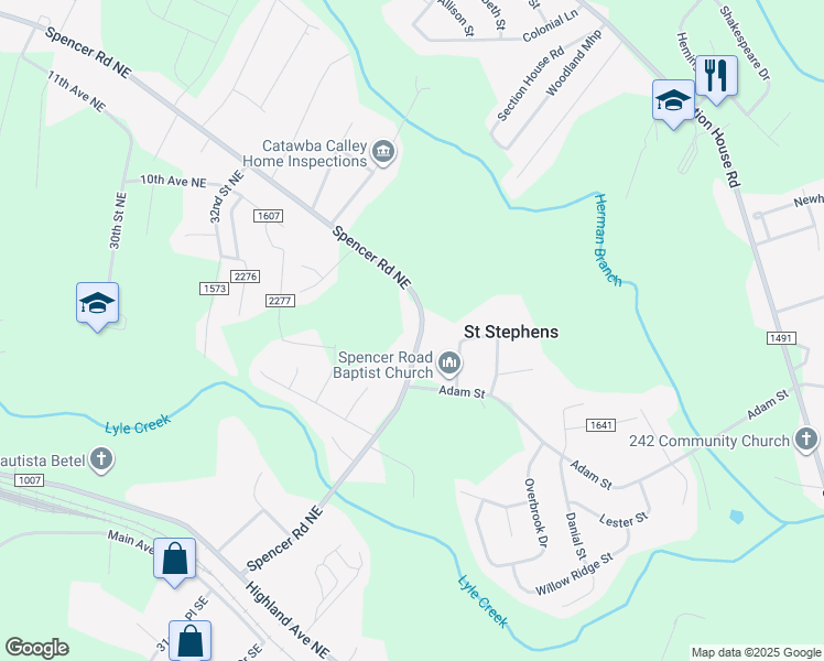 map of restaurants, bars, coffee shops, grocery stores, and more near 821 Spencer Road Northeast in Conover