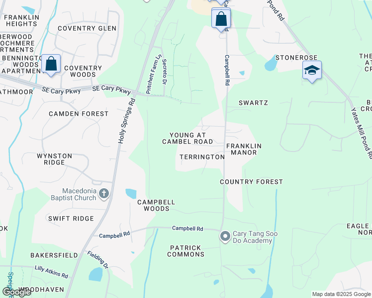 map of restaurants, bars, coffee shops, grocery stores, and more near 5932 Terrington Lane in Raleigh