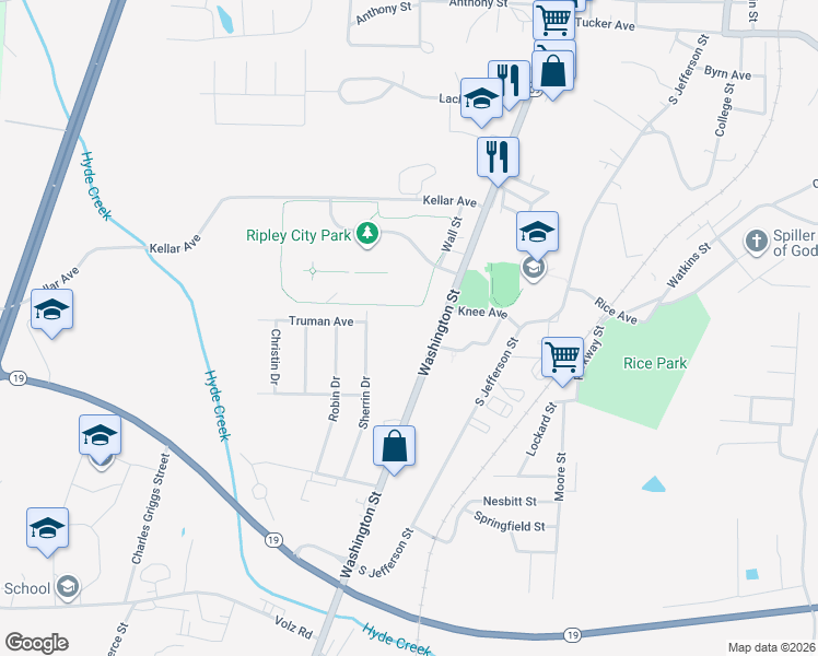 map of restaurants, bars, coffee shops, grocery stores, and more near 417 Washington Street in Ripley
