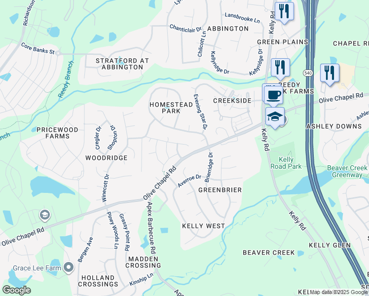 map of restaurants, bars, coffee shops, grocery stores, and more near 2413 Heathcote Lane in Apex