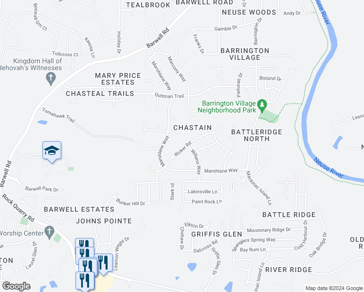map of restaurants, bars, coffee shops, grocery stores, and more near 5955 Ricker Road in Raleigh