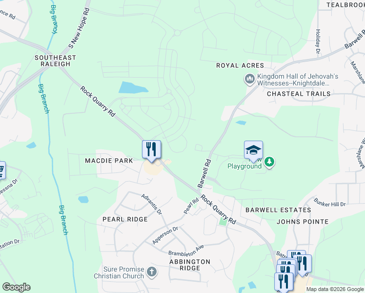 map of restaurants, bars, coffee shops, grocery stores, and more near 2451 Tonoloway Drive in Raleigh