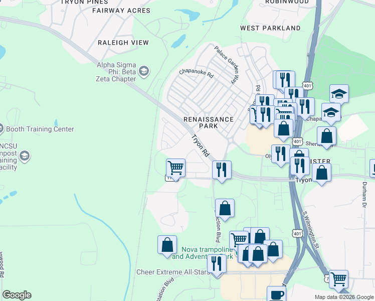 map of restaurants, bars, coffee shops, grocery stores, and more near 653 Cupola Drive in Raleigh