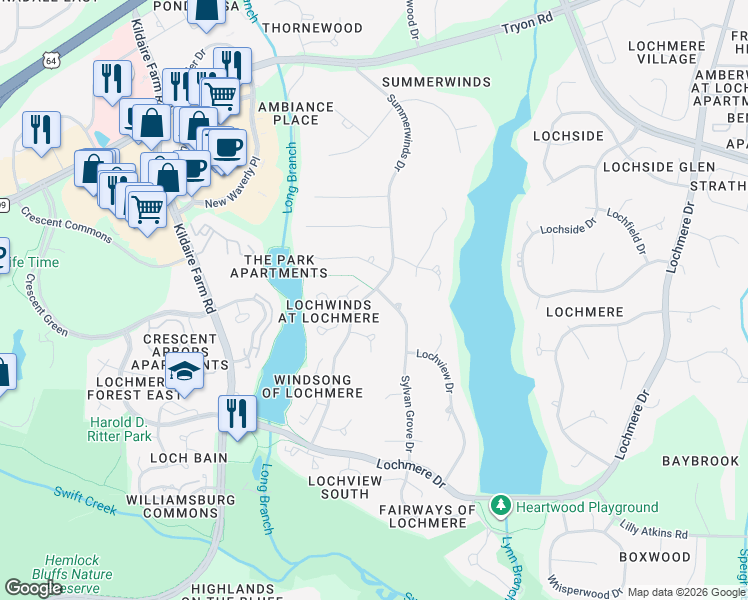 map of restaurants, bars, coffee shops, grocery stores, and more near 803 Summerwinds Drive in Cary