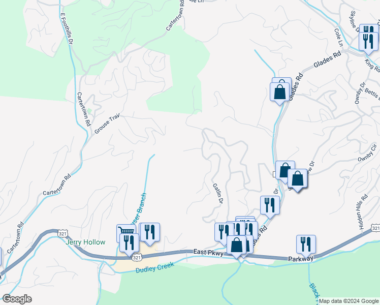 map of restaurants, bars, coffee shops, grocery stores, and more near 519 Gatlin Drive in Gatlinburg