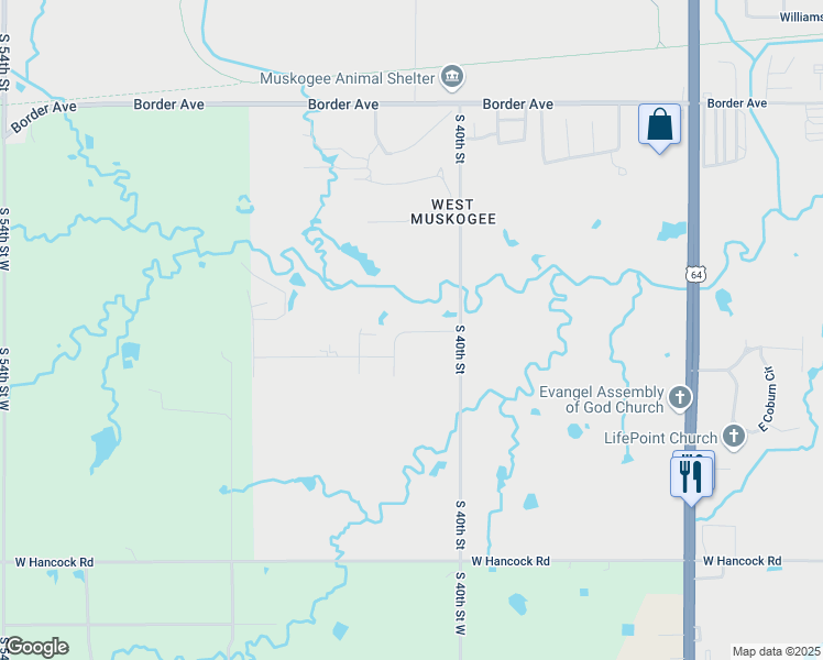 map of restaurants, bars, coffee shops, grocery stores, and more near 4008 Eaglecrest Drive in Muskogee