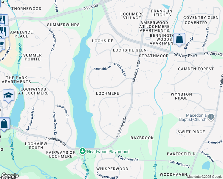 map of restaurants, bars, coffee shops, grocery stores, and more near 219 Lochside Drive in Cary