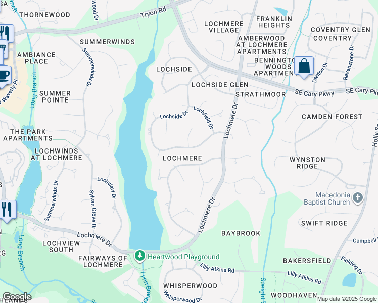 map of restaurants, bars, coffee shops, grocery stores, and more near 219 Lochside Drive in Cary