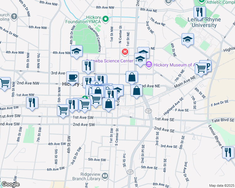 map of restaurants, bars, coffee shops, grocery stores, and more near 13 1st Avenue Northwest in Hickory