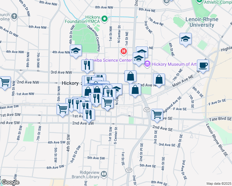 map of restaurants, bars, coffee shops, grocery stores, and more near 17 1st Avenue Northwest in Hickory