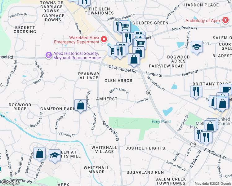 map of restaurants, bars, coffee shops, grocery stores, and more near 703 Tranter Drive in Apex