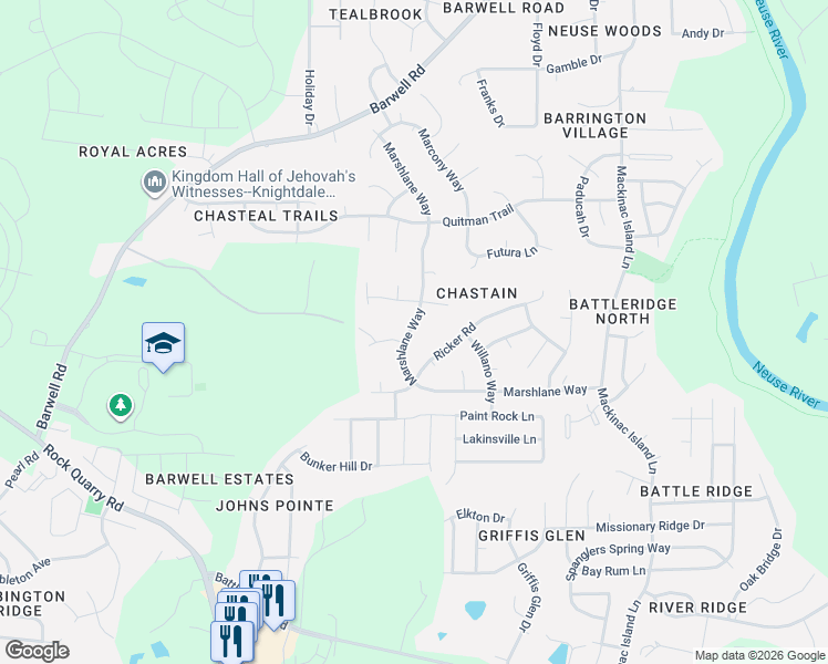 map of restaurants, bars, coffee shops, grocery stores, and more near 3423 Marshlane Way in Raleigh