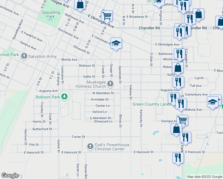 map of restaurants, bars, coffee shops, grocery stores, and more near 1700 Augusta in Muskogee