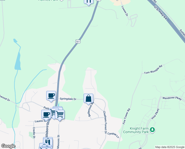 map of restaurants, bars, coffee shops, grocery stores, and more near 400 Bellemont Road in Pittsboro