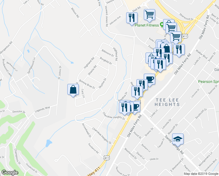 map of restaurants, bars, coffee shops, grocery stores, and more near 2126 Highland Road in Maryville