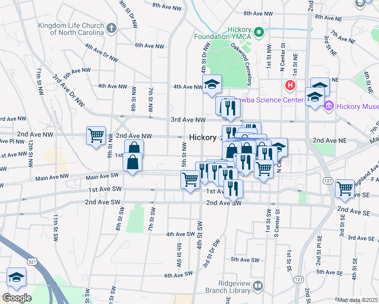 map of restaurants, bars, coffee shops, grocery stores, and more near 430 1st Avenue Northwest in Hickory