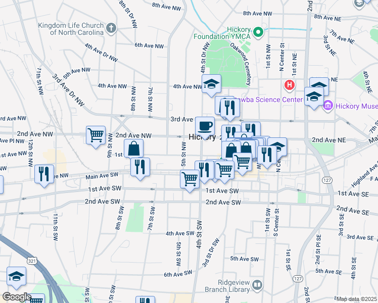 map of restaurants, bars, coffee shops, grocery stores, and more near 430 1st Avenue Northwest in Hickory