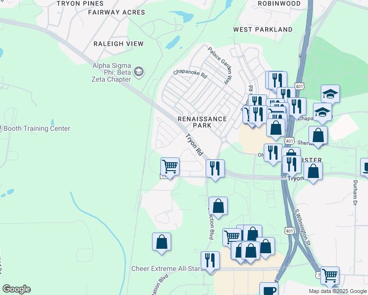 map of restaurants, bars, coffee shops, grocery stores, and more near 653 Cupola Drive in Raleigh