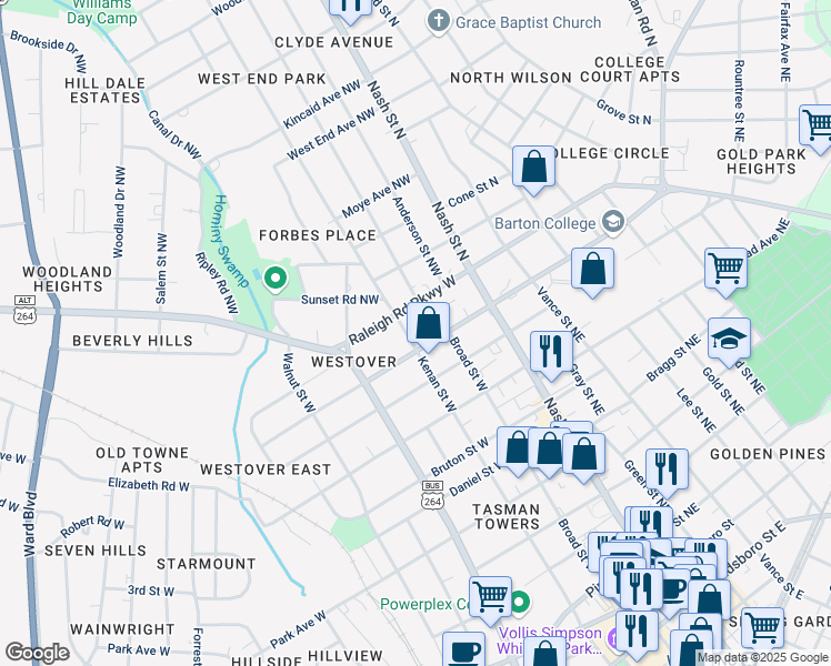 map of restaurants, bars, coffee shops, grocery stores, and more near 1004 Kenan Street West in Wilson