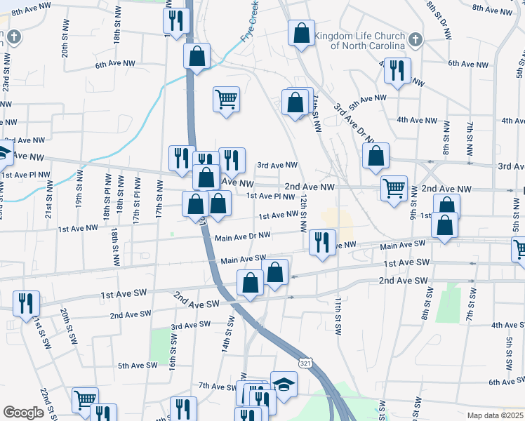 map of restaurants, bars, coffee shops, grocery stores, and more near 1328 1st Avenue Northwest in Hickory