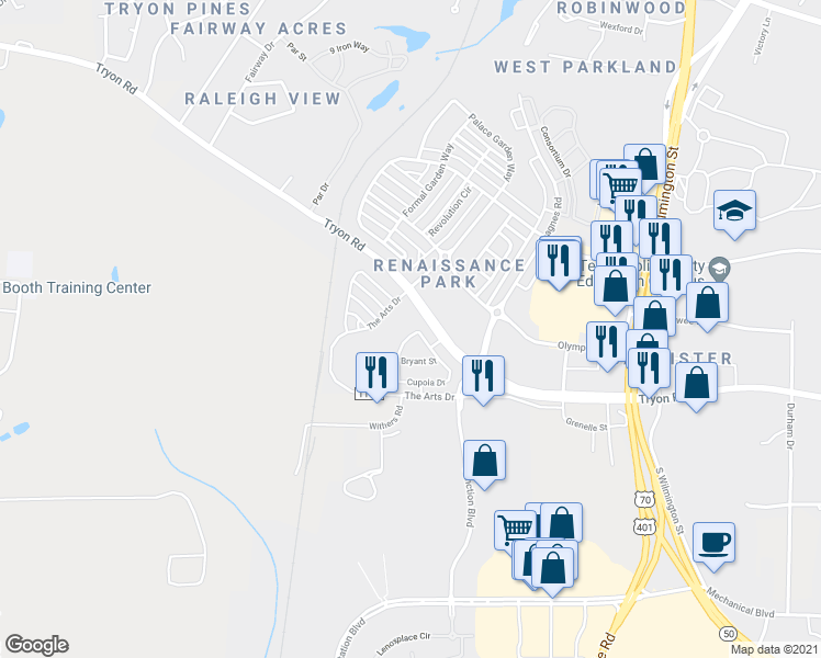 map of restaurants, bars, coffee shops, grocery stores, and more near 657 Cupola Drive in Raleigh
