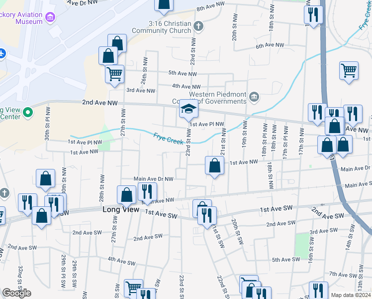 map of restaurants, bars, coffee shops, grocery stores, and more near 119 23rd Street Northwest in Hickory
