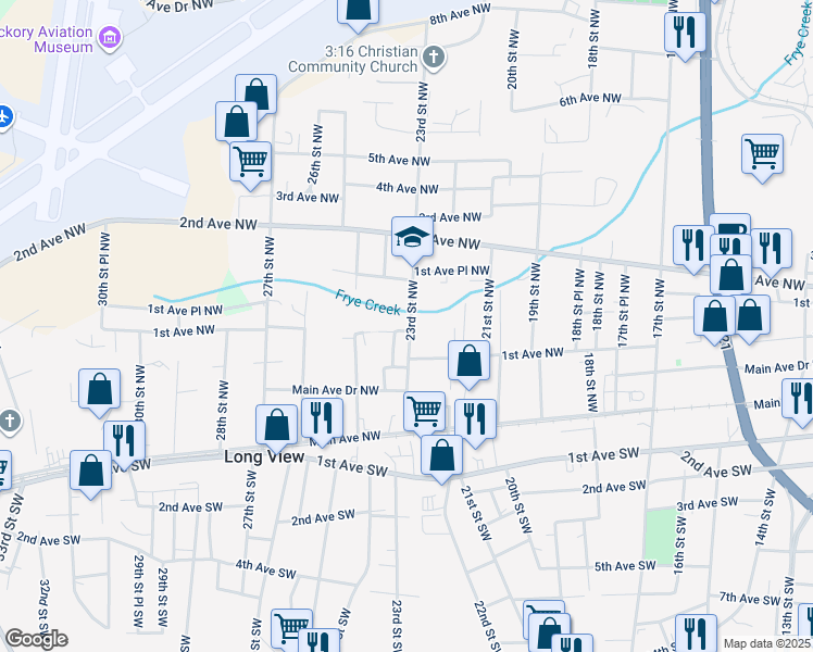 map of restaurants, bars, coffee shops, grocery stores, and more near 119 23rd Street Northwest in Hickory