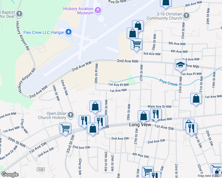 map of restaurants, bars, coffee shops, grocery stores, and more near 2984 1st Avenue Northwest in Hickory