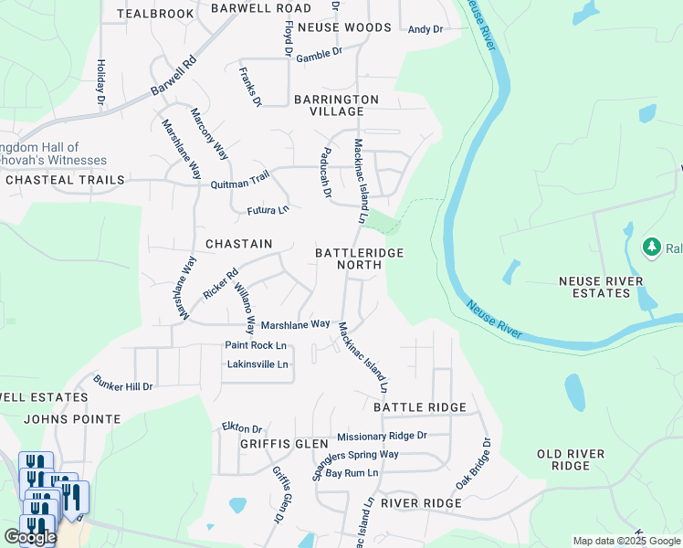 map of restaurants, bars, coffee shops, grocery stores, and more near 3448 Mackinac Island Lane in Raleigh