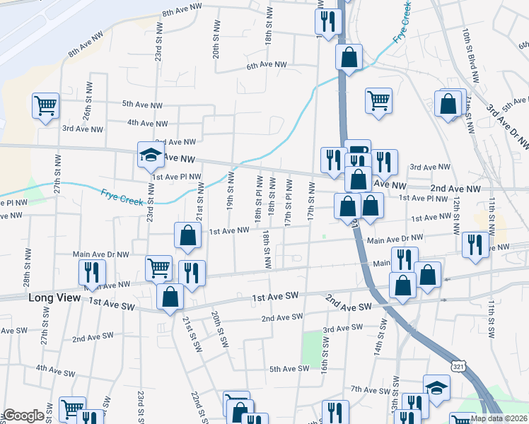 map of restaurants, bars, coffee shops, grocery stores, and more near 1802 1st Avenue Northwest in Hickory