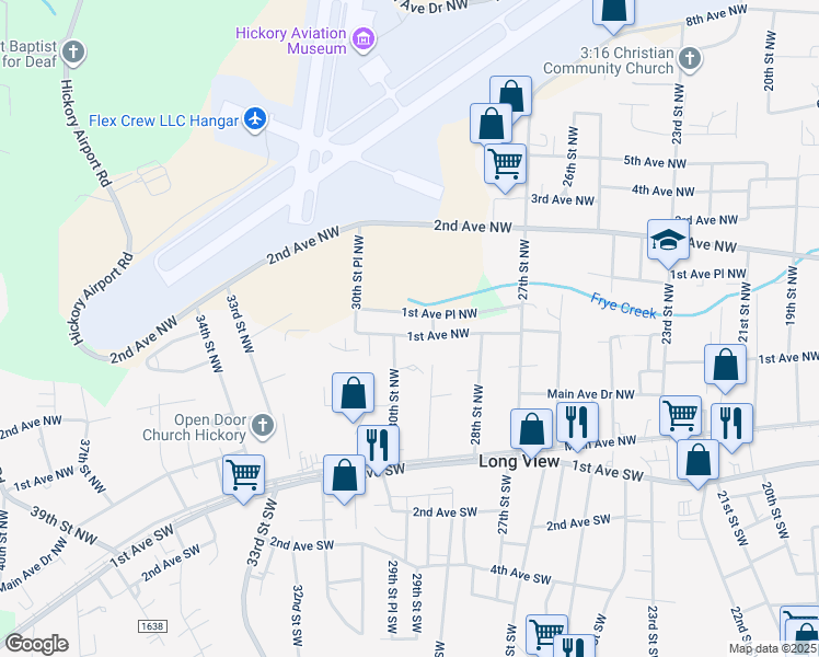 map of restaurants, bars, coffee shops, grocery stores, and more near 2984 1st Avenue Northwest in Hickory