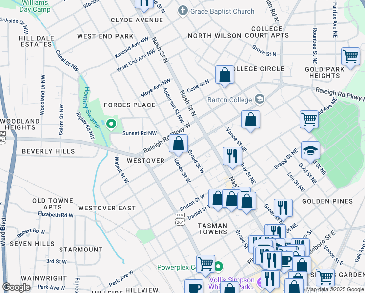 map of restaurants, bars, coffee shops, grocery stores, and more near 908 Kenan Street West in Wilson