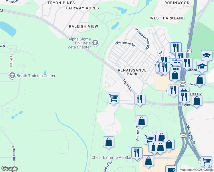map of restaurants, bars, coffee shops, grocery stores, and more near 700 Moon Beam Drive in Raleigh