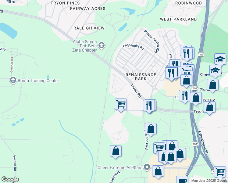 map of restaurants, bars, coffee shops, grocery stores, and more near 700 Moon Beam Drive in Raleigh