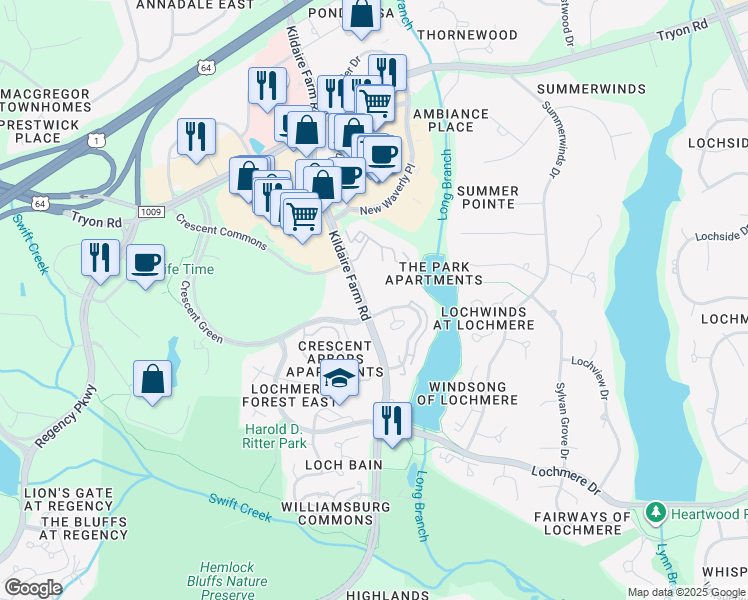 map of restaurants, bars, coffee shops, grocery stores, and more near 102 Loch Bend Lane in Cary