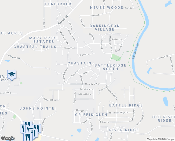 map of restaurants, bars, coffee shops, grocery stores, and more near 6041 Ladish Lane in Raleigh