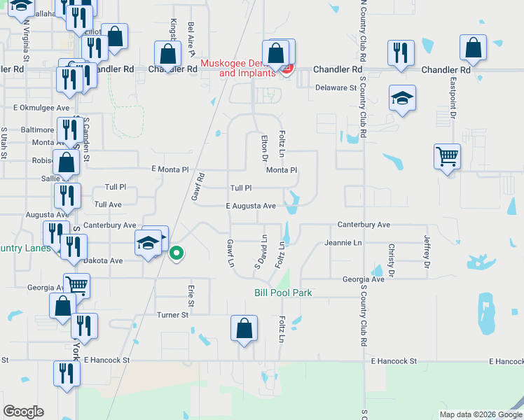 map of restaurants, bars, coffee shops, grocery stores, and more near 3101 East Augusta Avenue in Muskogee