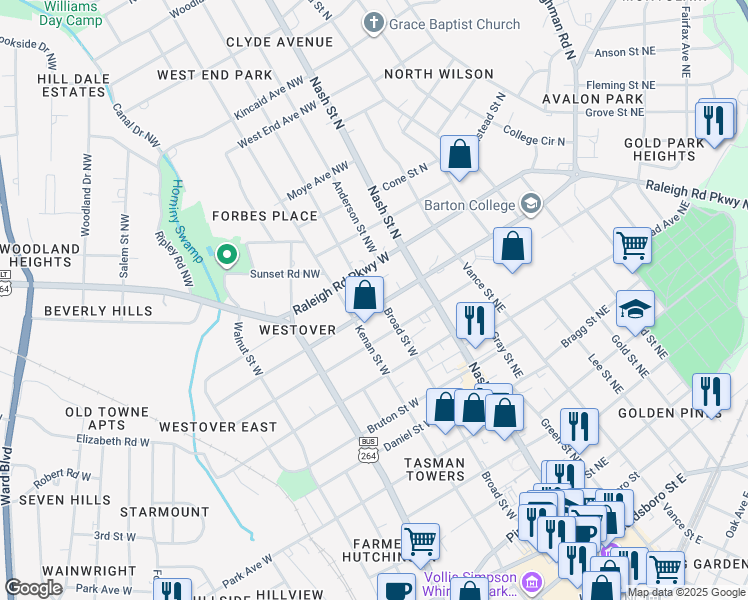map of restaurants, bars, coffee shops, grocery stores, and more near 908 Kenan Street West in Wilson