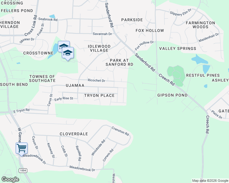 map of restaurants, bars, coffee shops, grocery stores, and more near 3628 Tule Spring Street in Raleigh