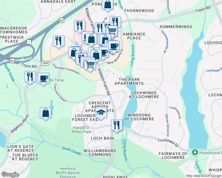 map of restaurants, bars, coffee shops, grocery stores, and more near 102 Loch Bend Lane in Cary