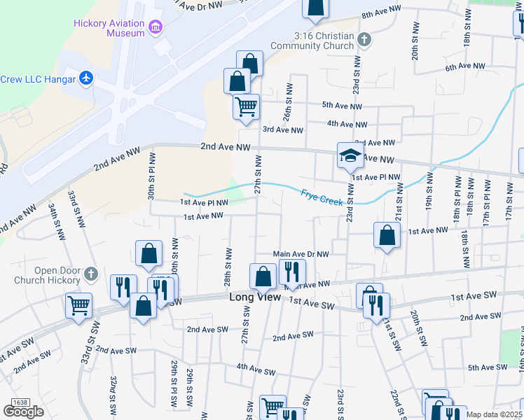 map of restaurants, bars, coffee shops, grocery stores, and more near 2623 1st Avenue Northwest in Hickory