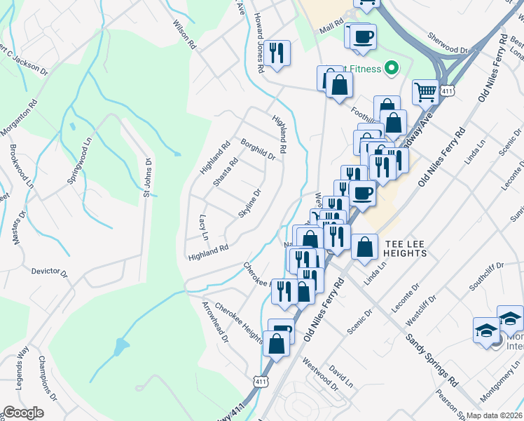 map of restaurants, bars, coffee shops, grocery stores, and more near 2126 Highland Road in Maryville