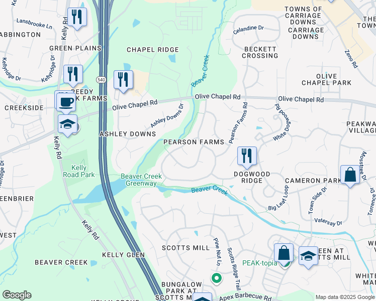 map of restaurants, bars, coffee shops, grocery stores, and more near 1404 Hillcroft Court in Apex