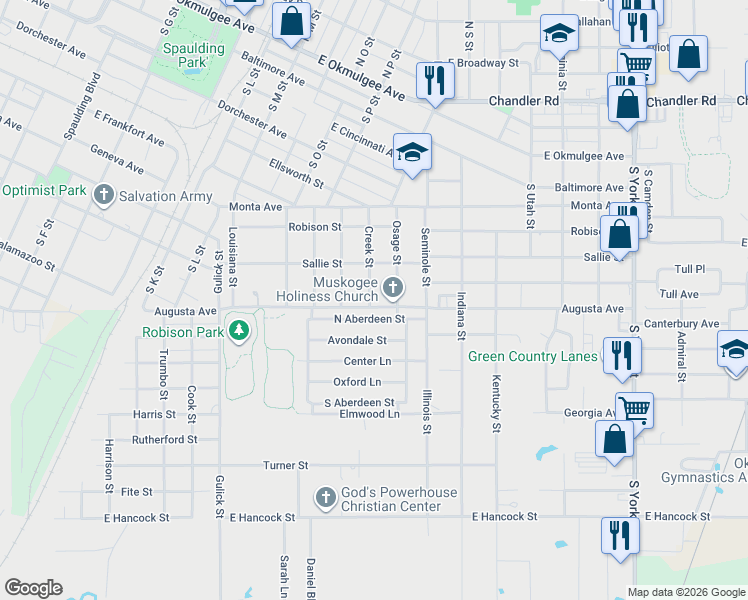 map of restaurants, bars, coffee shops, grocery stores, and more near 1627 North Aberdeen Street in Muskogee