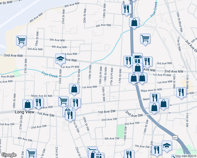 map of restaurants, bars, coffee shops, grocery stores, and more near 1842 1st Avenue Northwest in Hickory