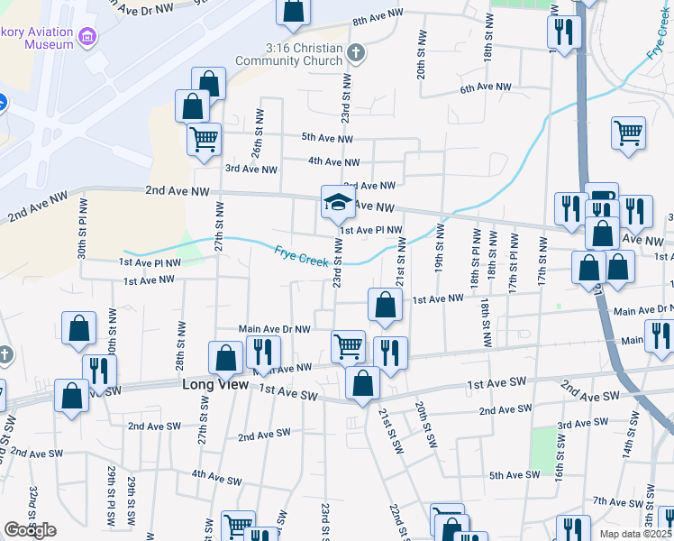 map of restaurants, bars, coffee shops, grocery stores, and more near 123 23rd Street Northwest in Hickory
