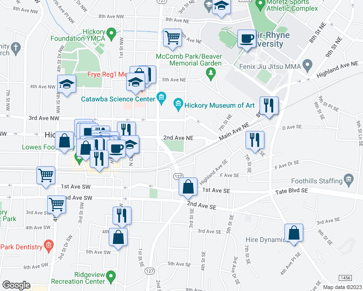 map of restaurants, bars, coffee shops, grocery stores, and more near 125 3rd Street Northeast in Hickory