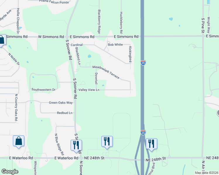 map of restaurants, bars, coffee shops, grocery stores, and more near 4409 Valley View Lane in Edmond