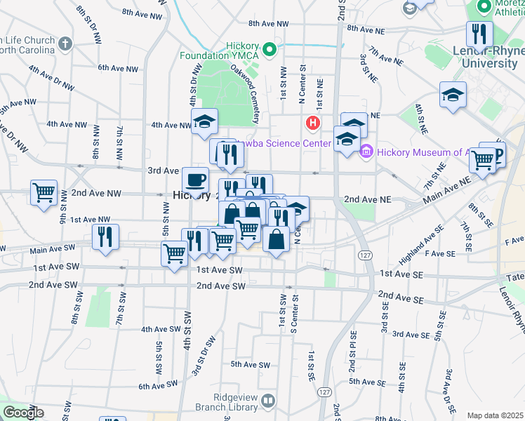 map of restaurants, bars, coffee shops, grocery stores, and more near in Hickory