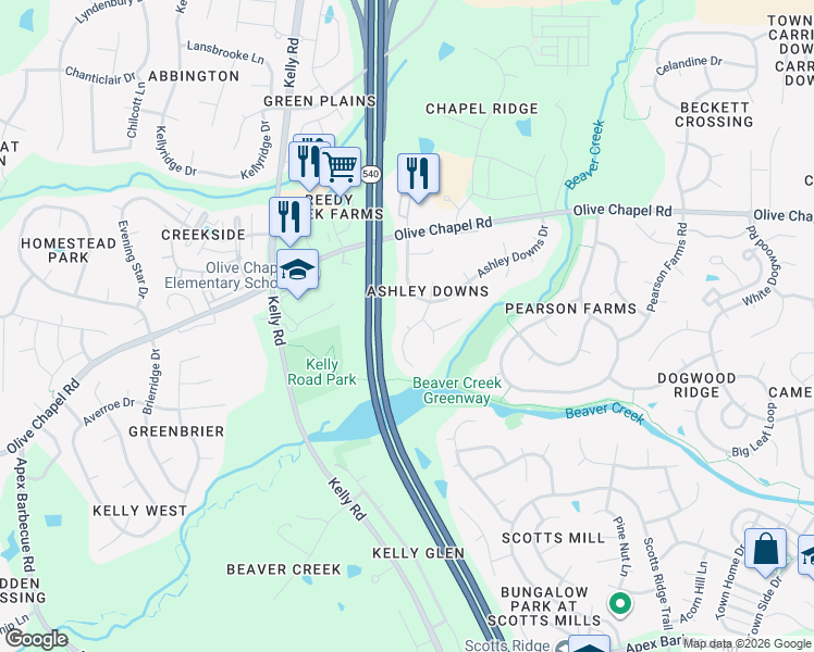 map of restaurants, bars, coffee shops, grocery stores, and more near Golden Ridge Court in Apex
